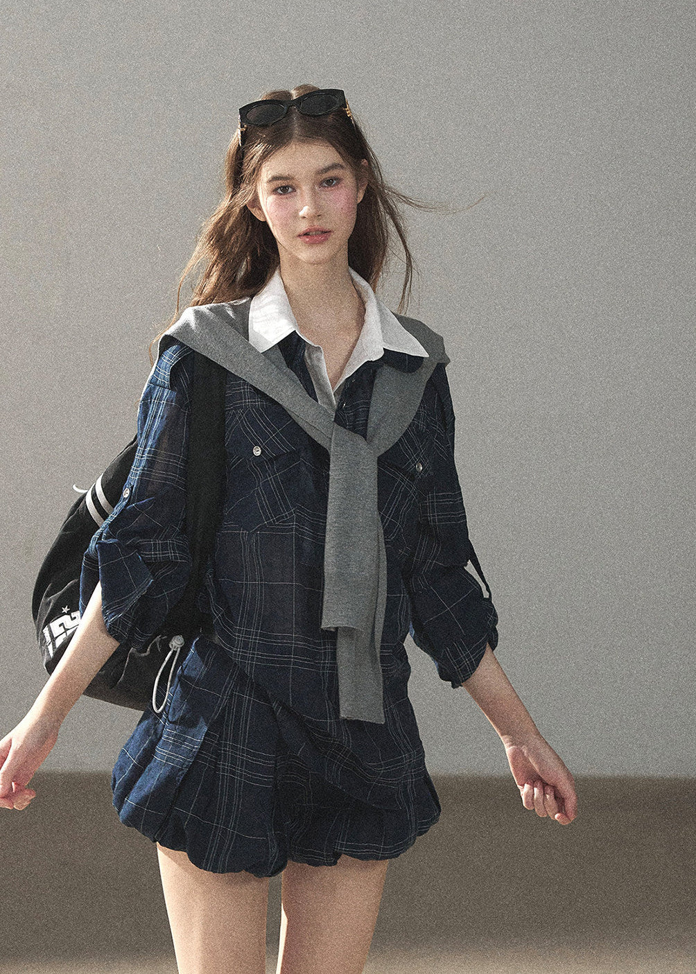 Navy plaid outfit with contrast collar detail