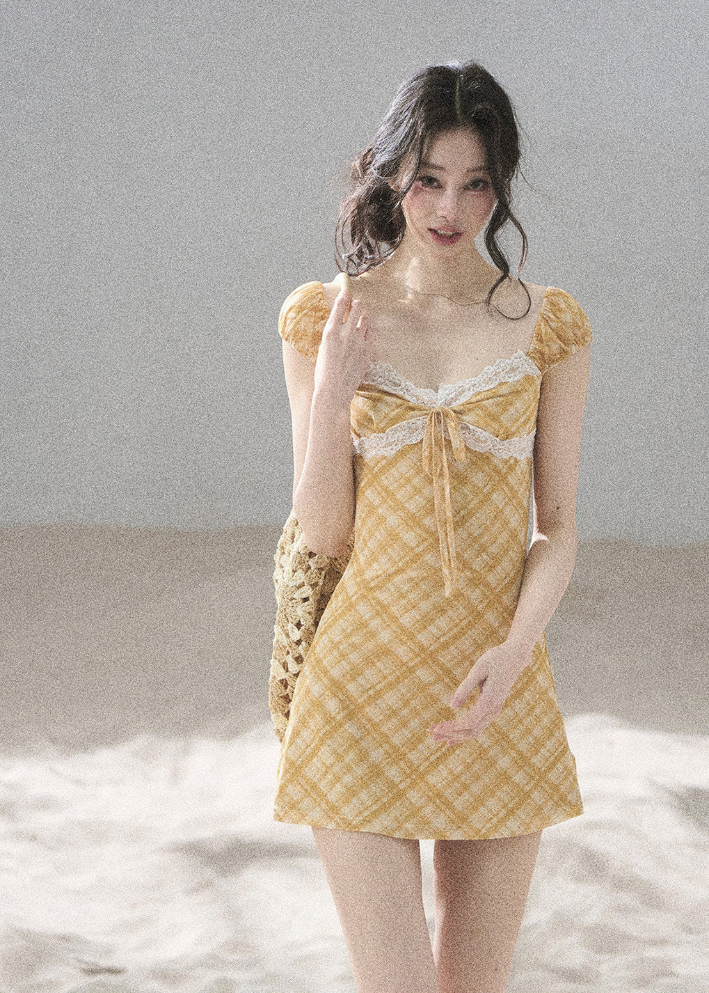 Yellow plaid summer dress with a softly defined waist