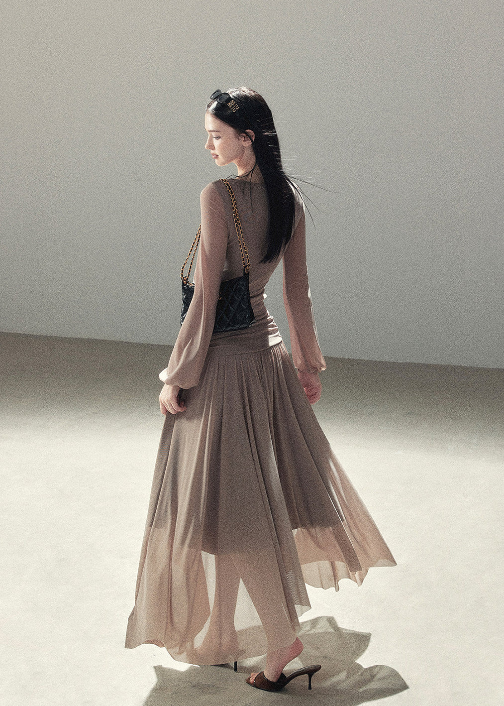 Draped taupe top and maxi skirt two-piece set