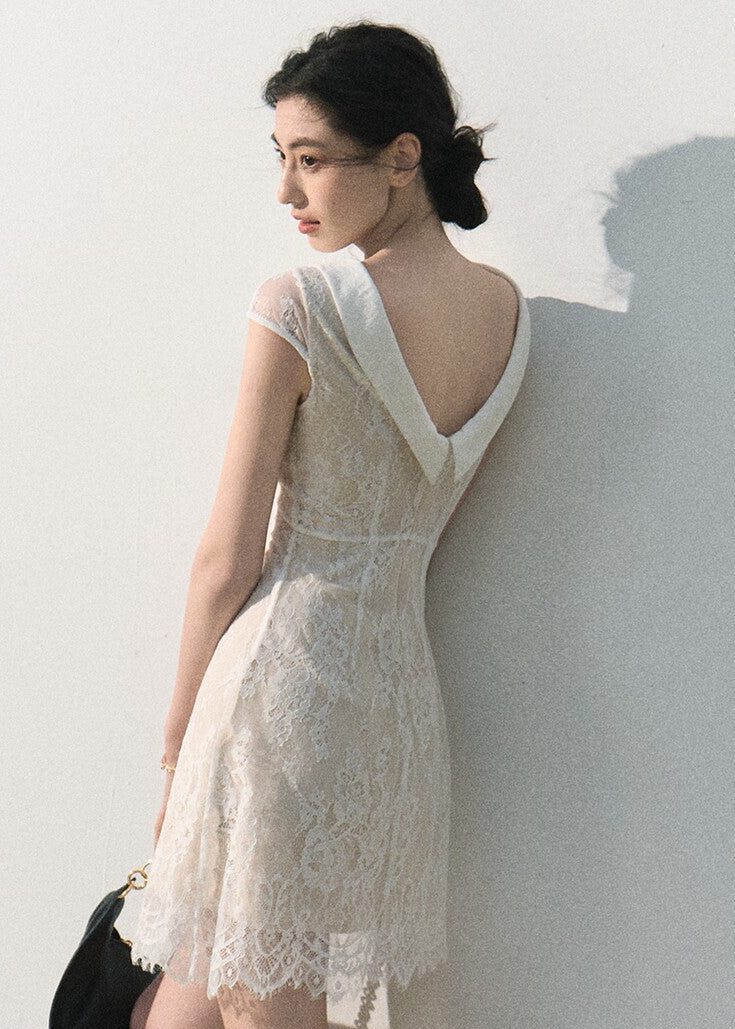 Sheer lace long dress with delicate cap sleeves