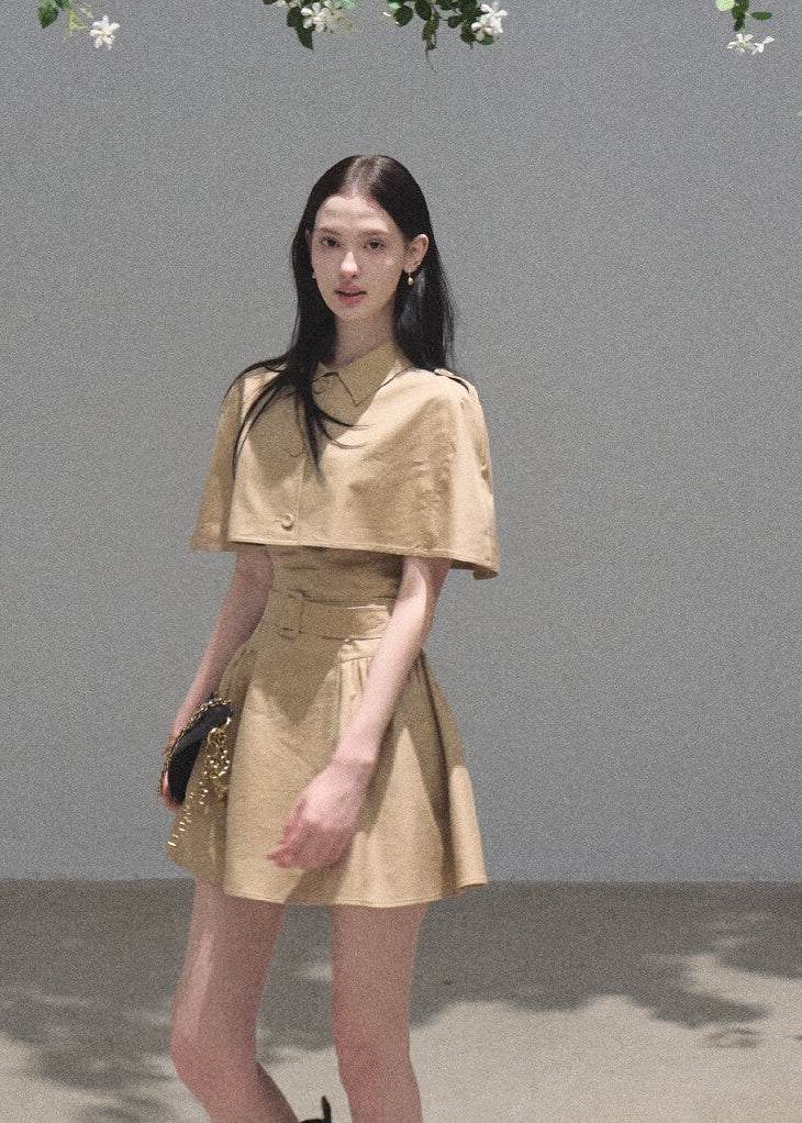 Khaki lyocell-cotton mini dress with a softly flared skirt
