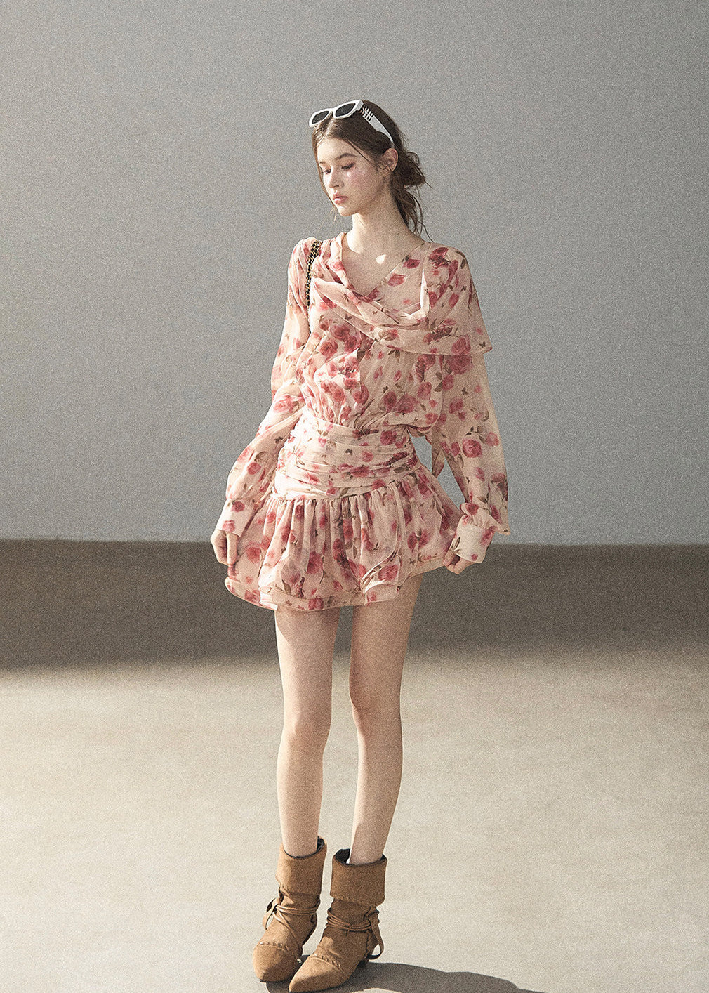 French-inspired chiffon mini dress in pink floral print