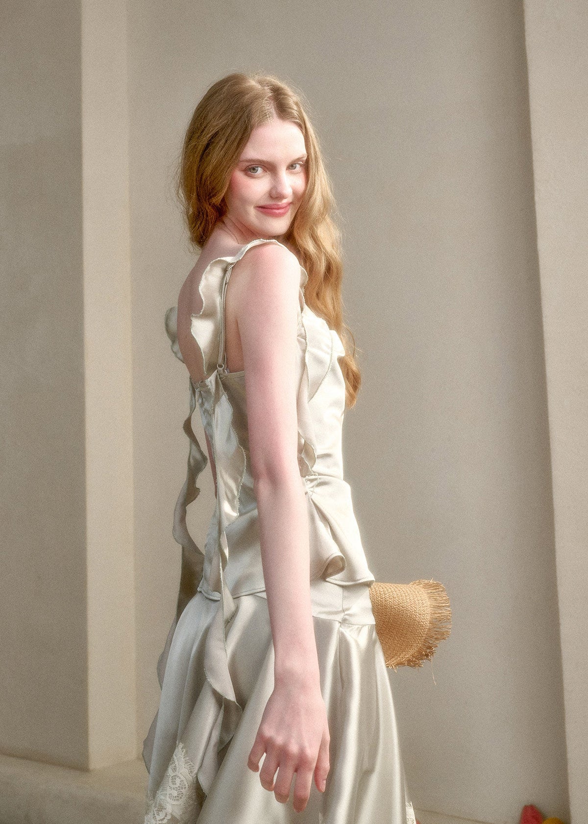 Elegant ivory satin coordinated set with feminine details