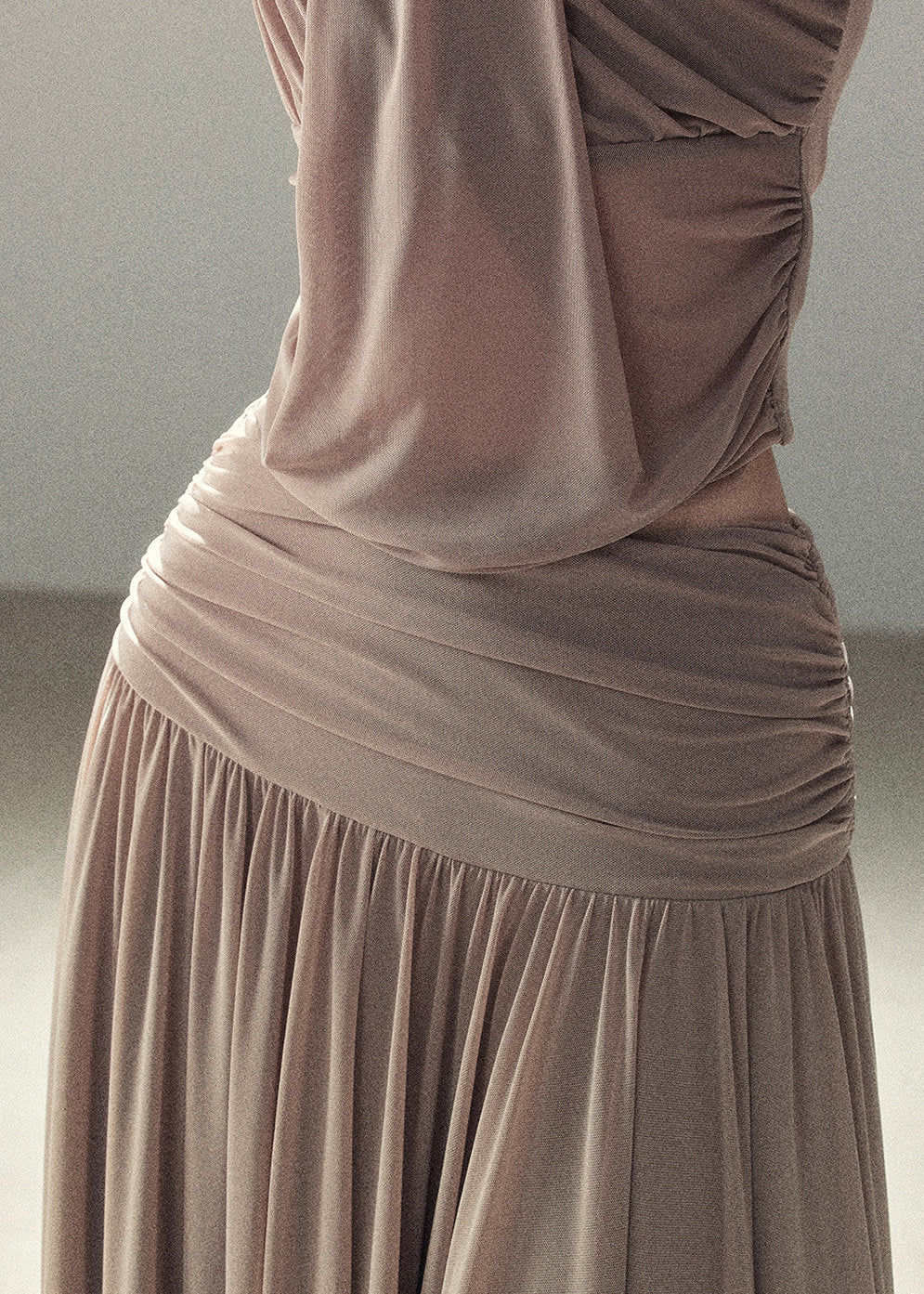 Draped taupe top and maxi skirt two-piece set