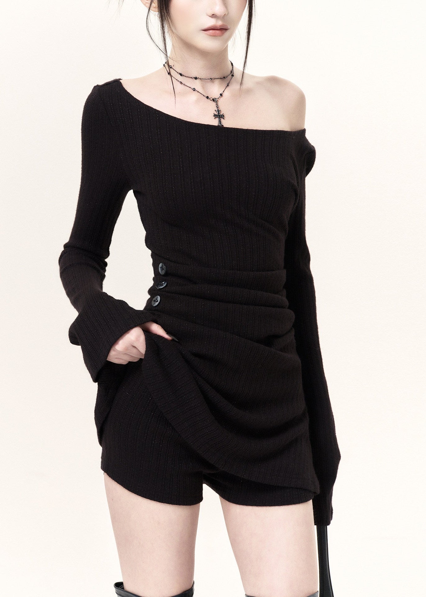 Black ruched off-shoulder knit top and shorts two-piece set