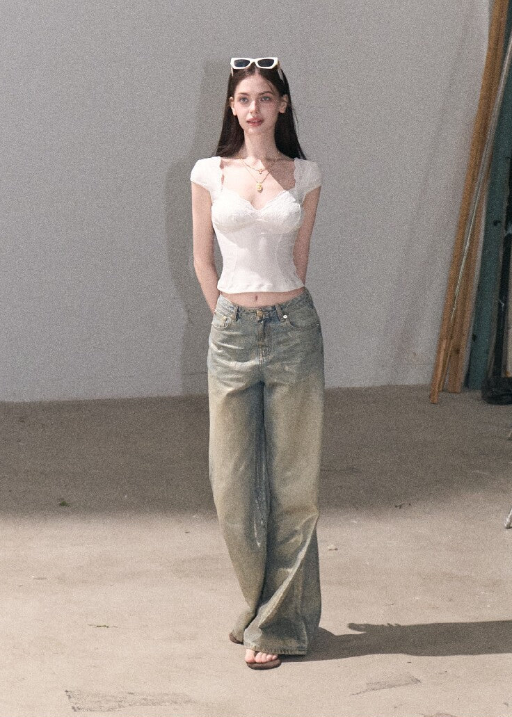 Vintage wash straight-leg jeans with metallic shine