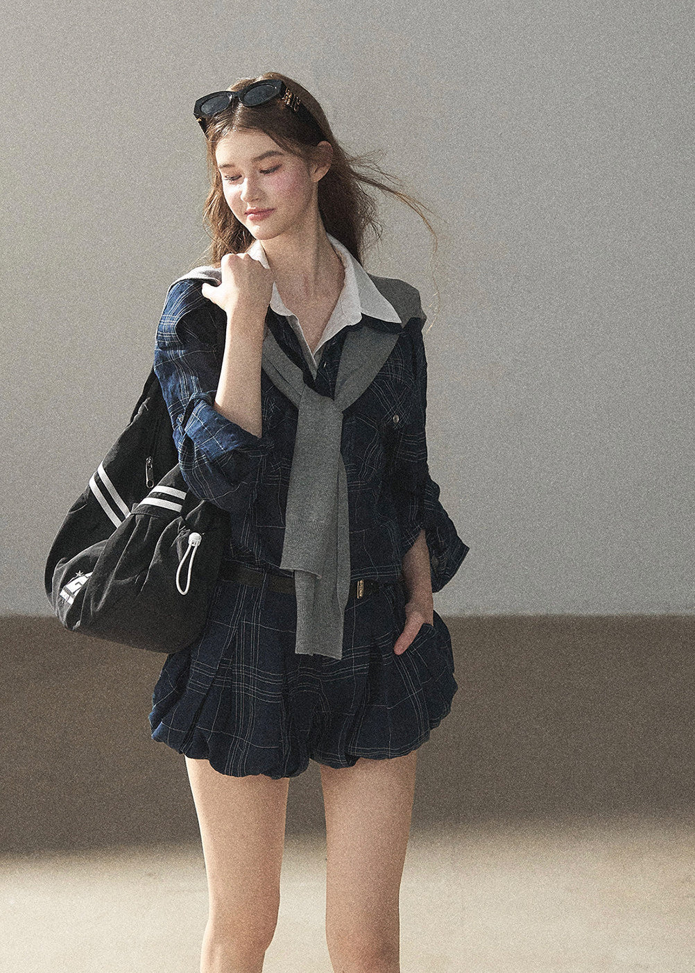 Navy plaid outfit with contrast collar detail