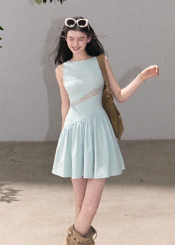 Soft mint sleeveless mini dress with lace waist detail