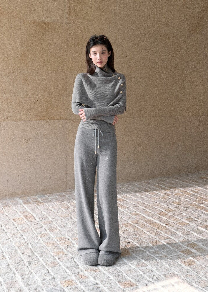 Korean-inspired brown turtleneck cape and fitted knit top set