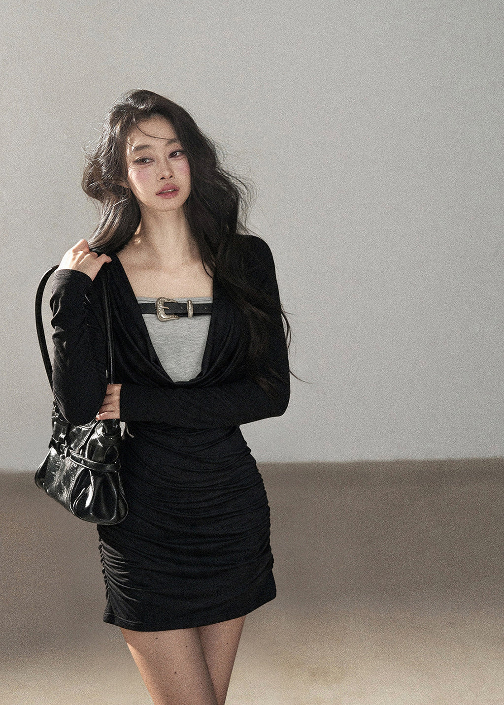 Black draped long-sleeve top and mini dress set
