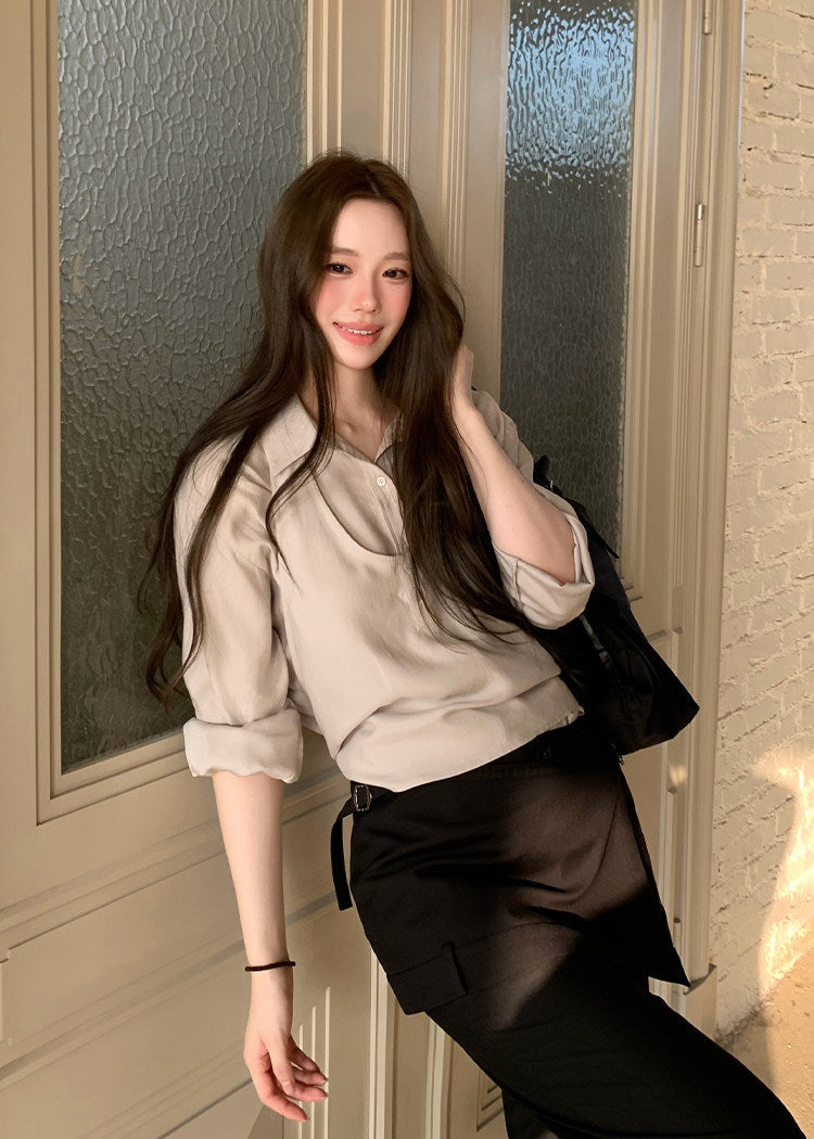 Korean-style blue button-up shirt with a coordinating draped layer