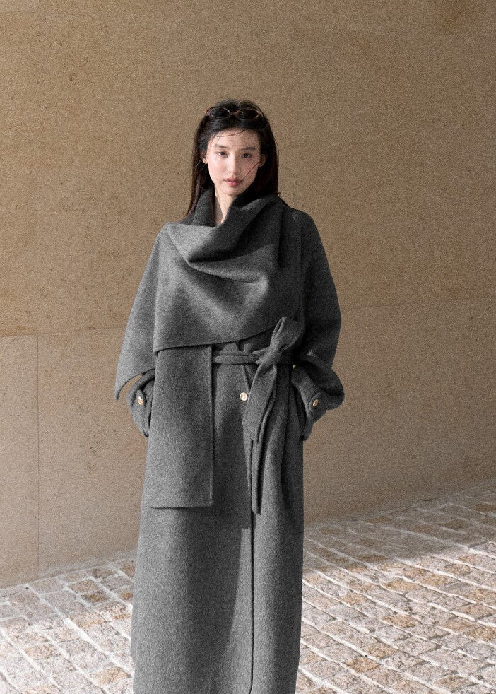 Oversized double-faced wool coat with statement scarf collar