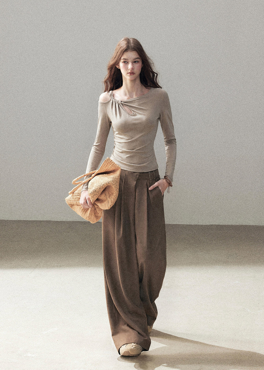 Warm taupe fitted top with elegant neckline