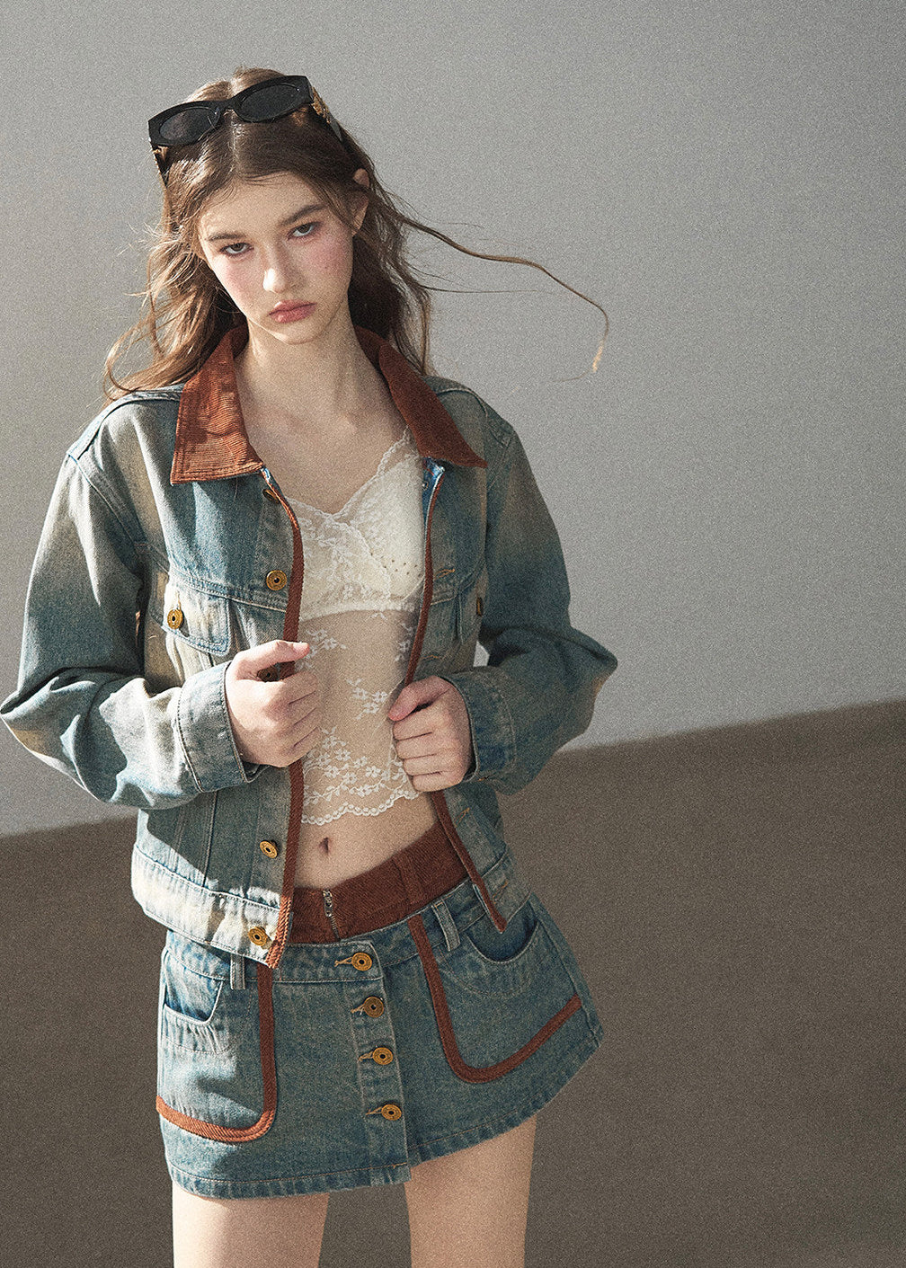 Washed denim jacket and mini skirt set