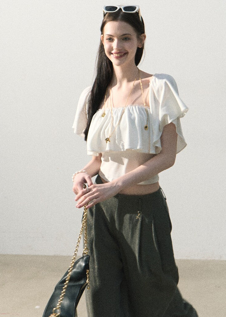 Women’s draped linen blend wide leg pants with subtle metallic shimmer