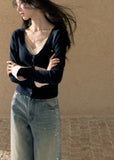 Women's wool blend deep U-neck cardigan with contrast cotton cuffs