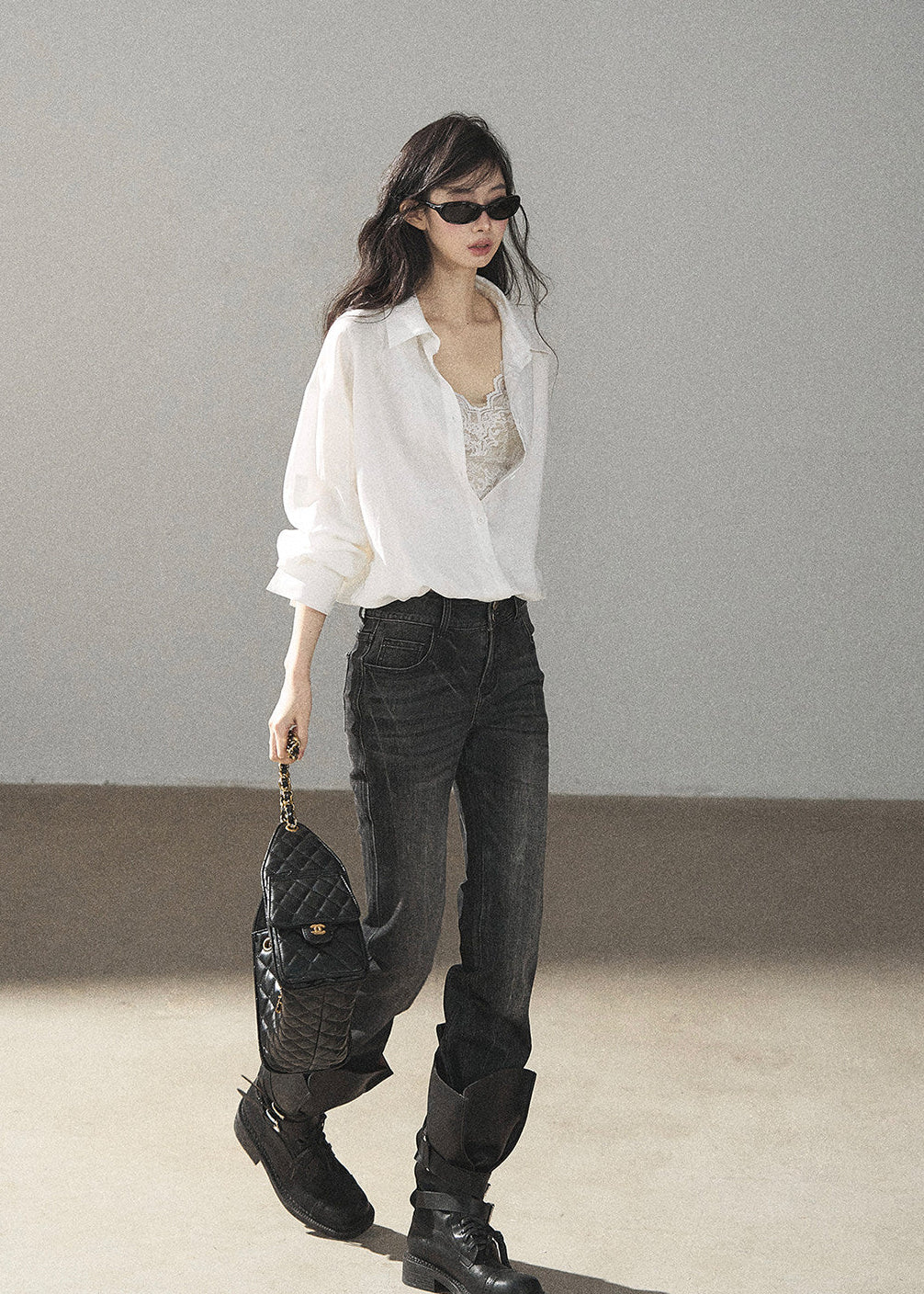 White lyocell linen shirt with lace camisole design