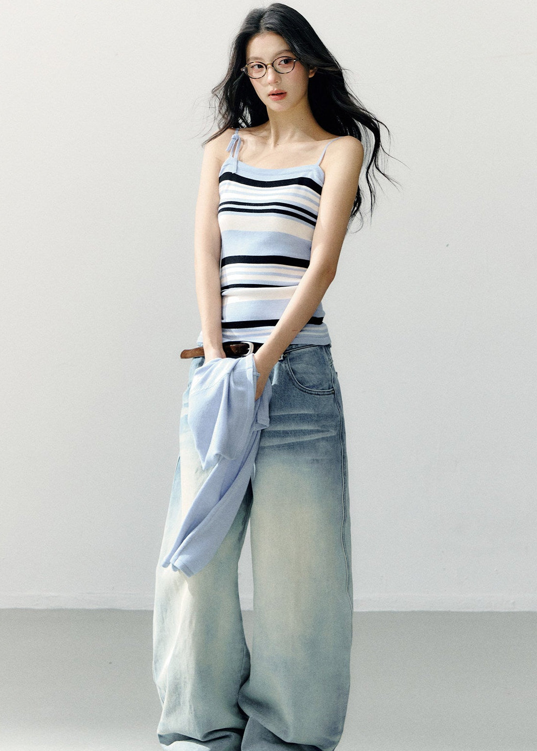 Women’s two-piece knit top set with long sleeves and stripes