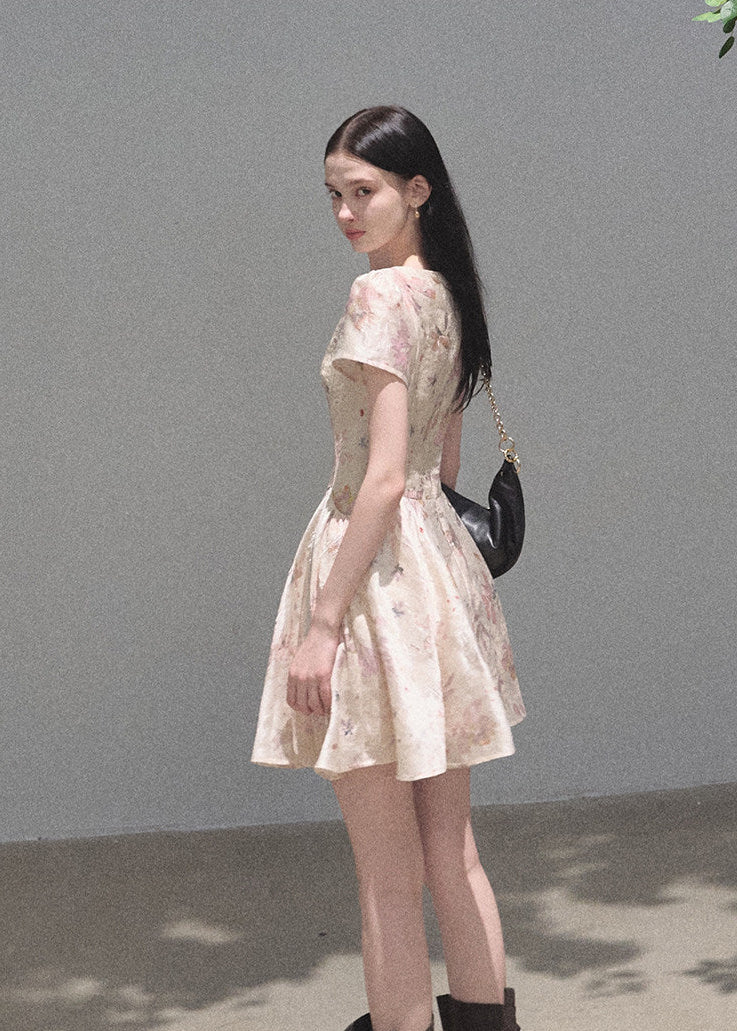Short-sleeve lace-inspired dress with flared skirt