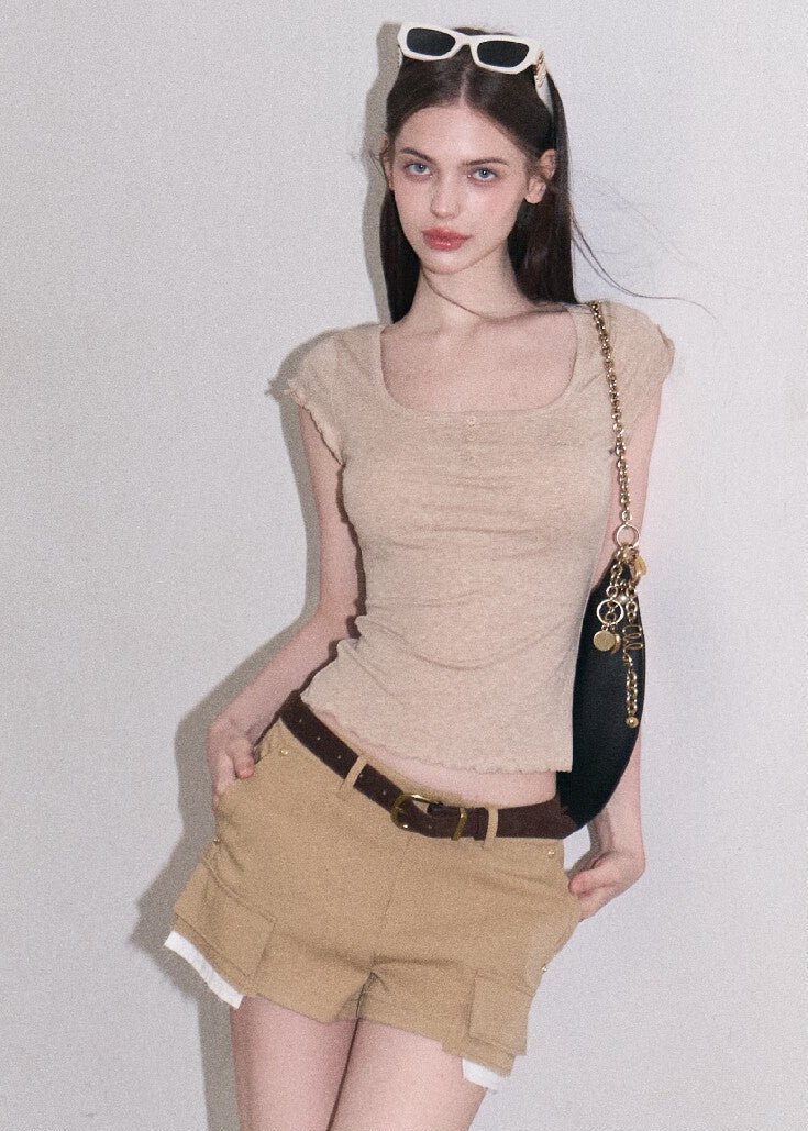Khaki cotton-linen mini shorts with patchwork detail