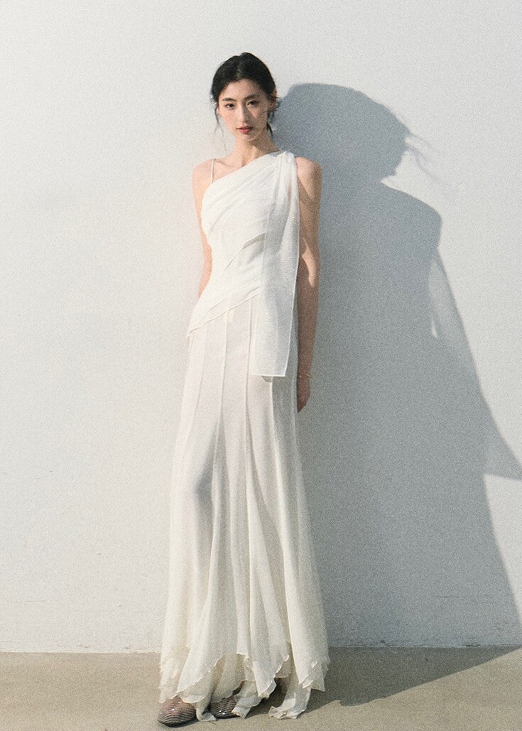 White one-shoulder top with layered front detailing