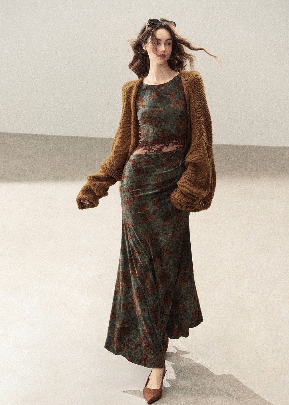 Romantic floral maxi dress with fitted waist and softly flared hem