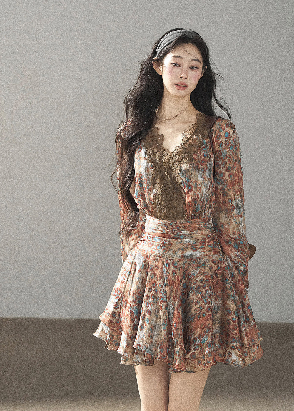 Printed chiffon dress with soft ruffle hem