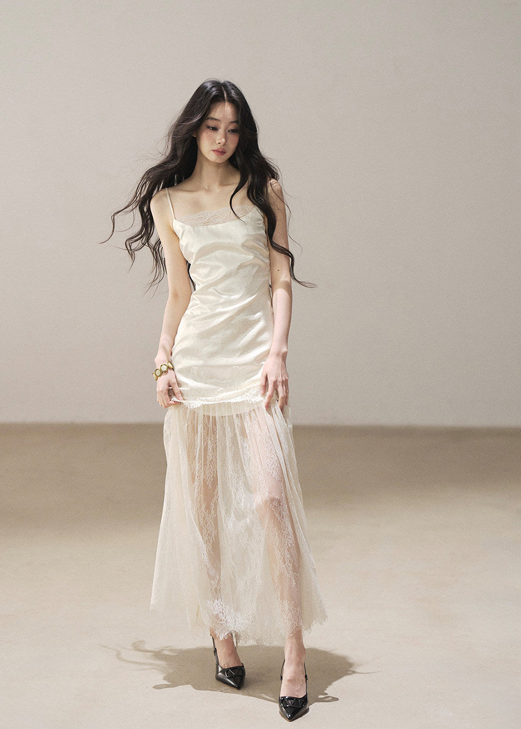 Lace slip dress with sheer cover-up set in pear white