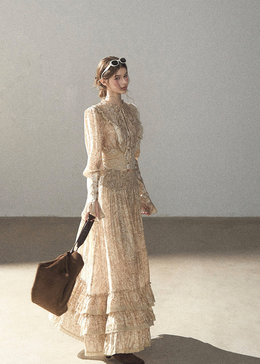 Romantic lace top and long skirt two-piece set