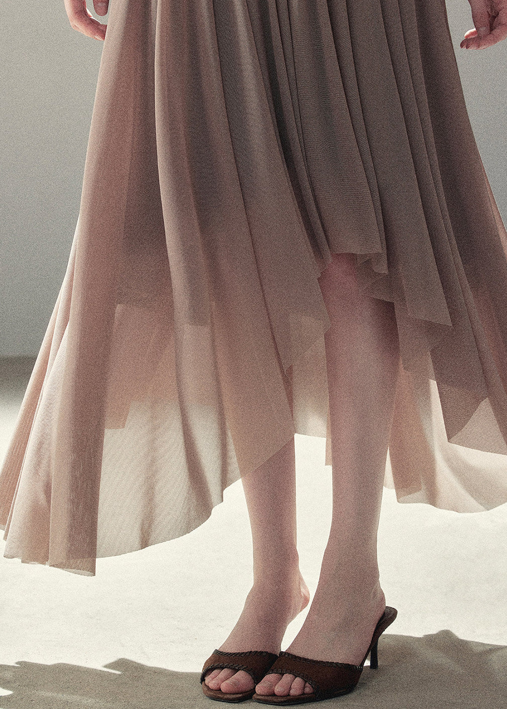 Draped taupe top and maxi skirt two-piece set