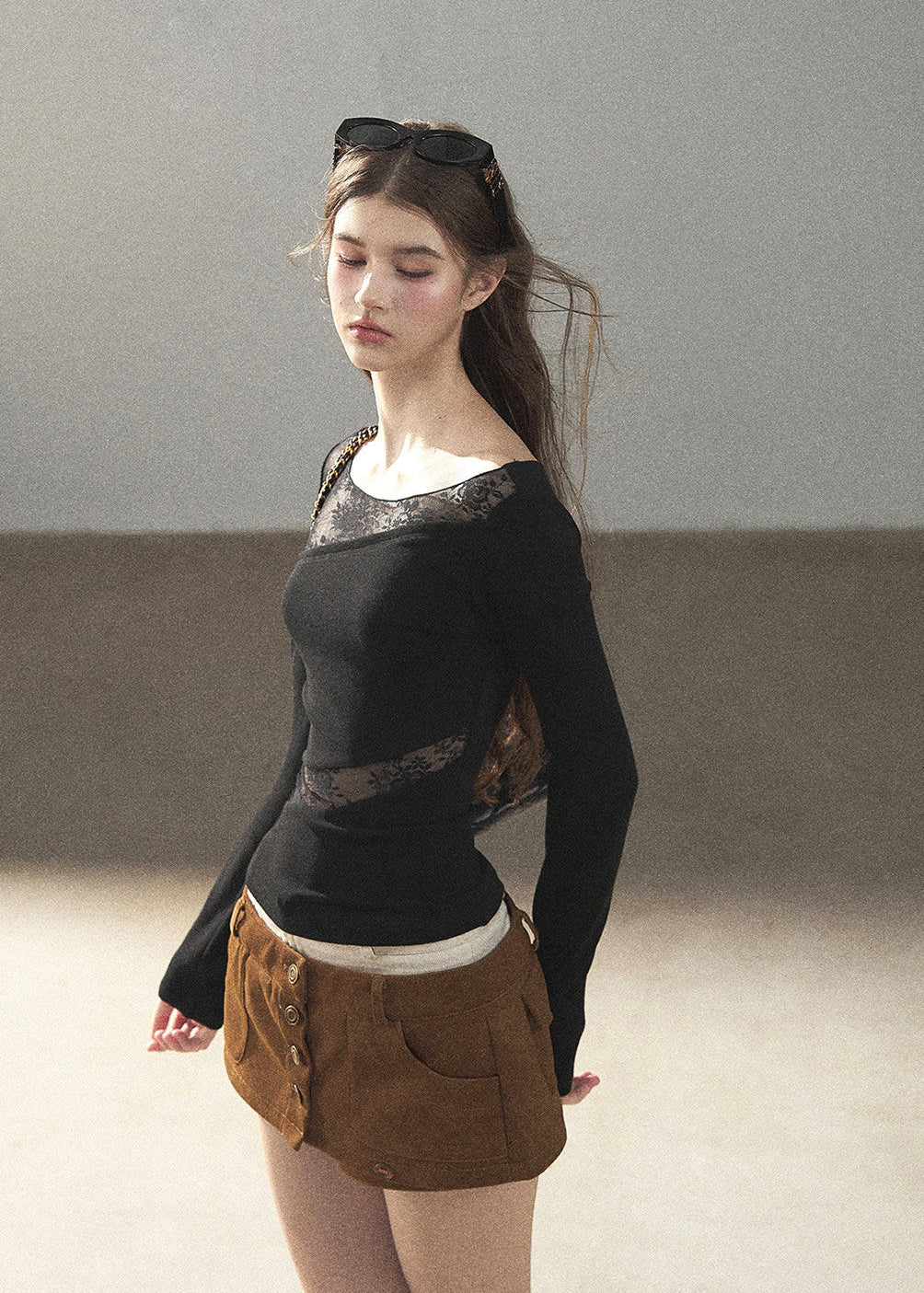 Feminine lace long sleeve top with fitted waist