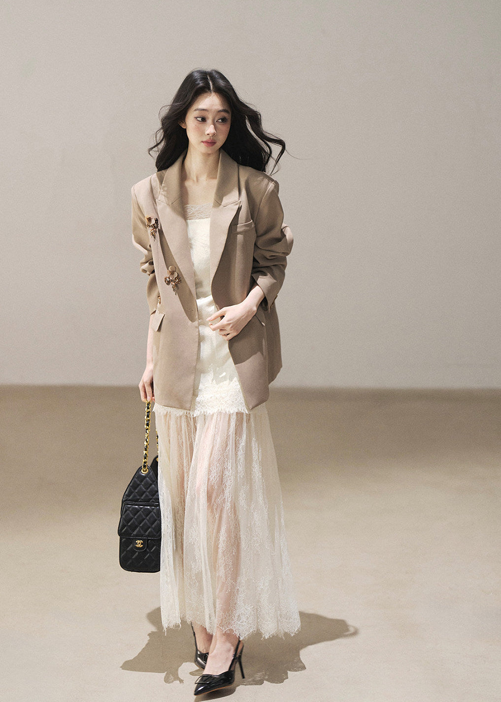French-inspired lace evening dress with matching cover-up