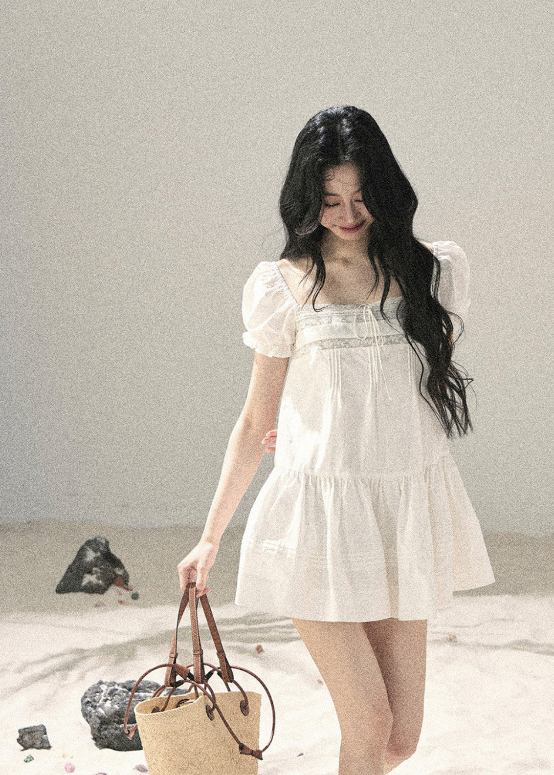 White French-inspired mini dress with puff sleeves