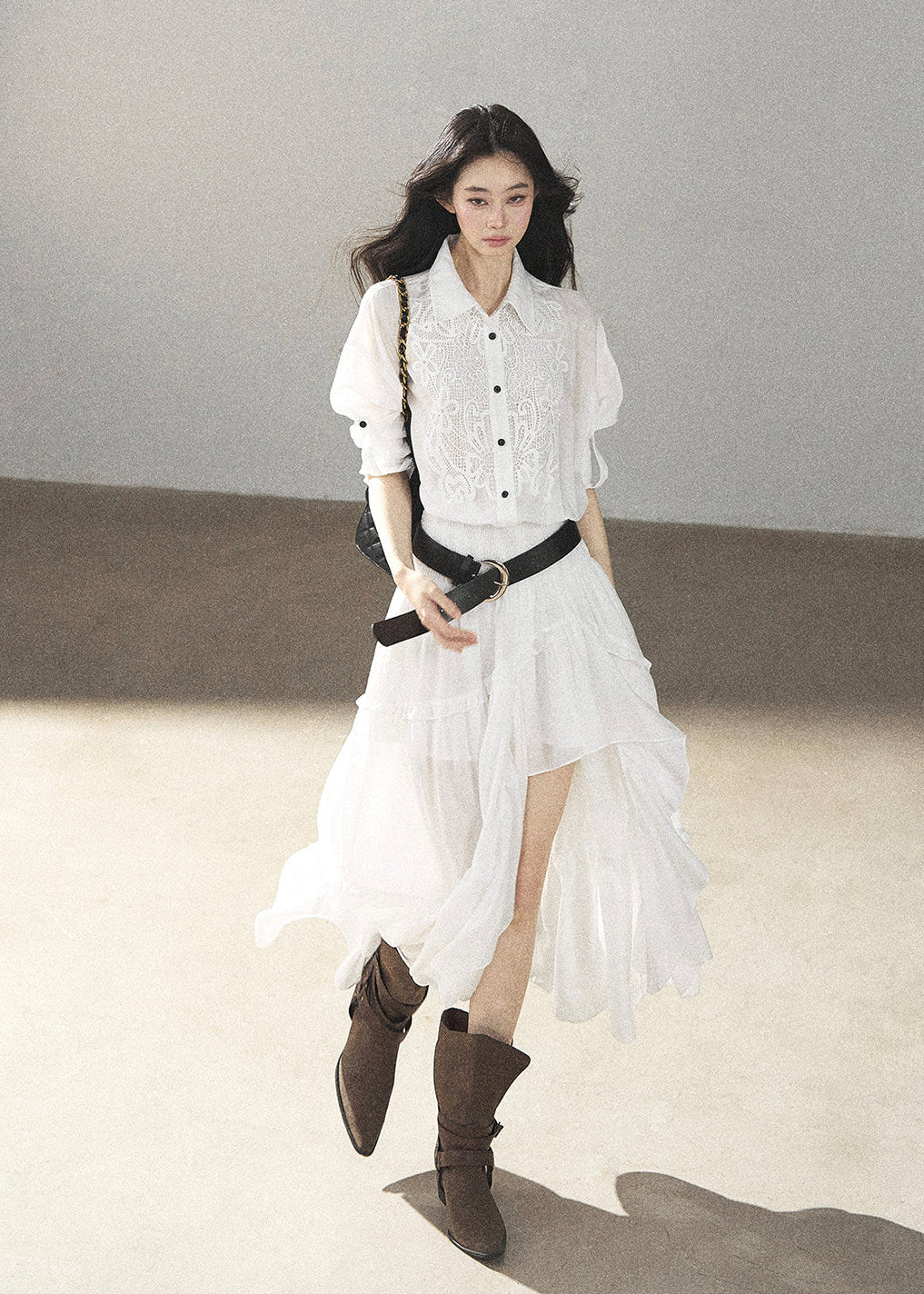 Soft academic-inspired white maxi shirt dress