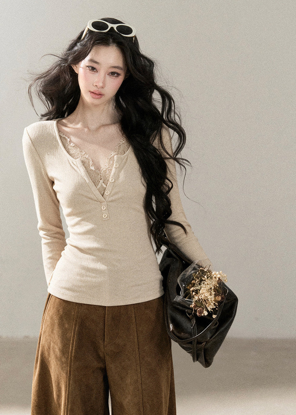 Romantic faux layered V-neck top with decorative front buttons