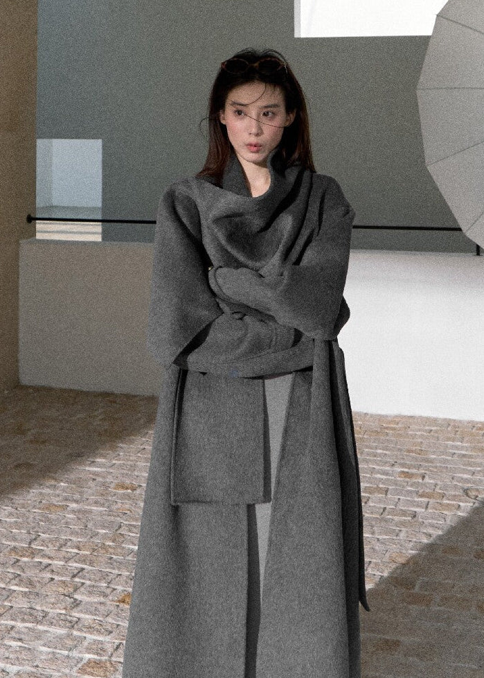 Oversized double-faced wool coat with statement scarf collar