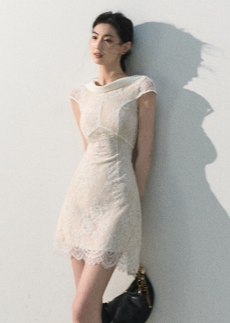 Feminine fitted lace dress in a soft ivory shade