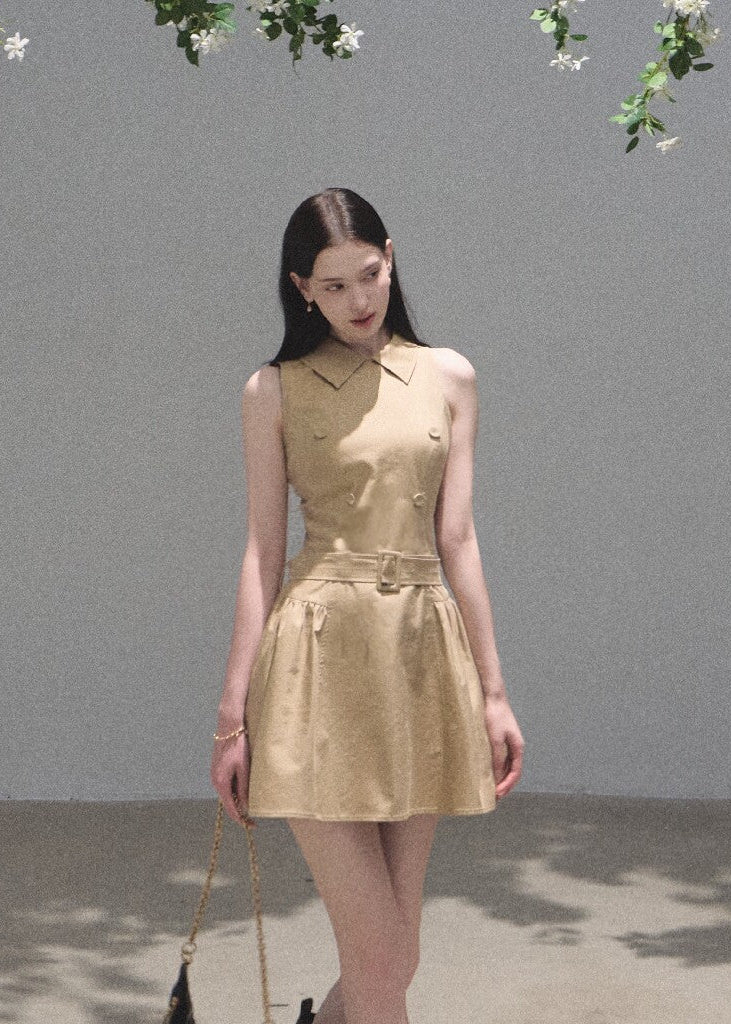 Khaki lyocell-cotton mini dress with a softly flared skirt