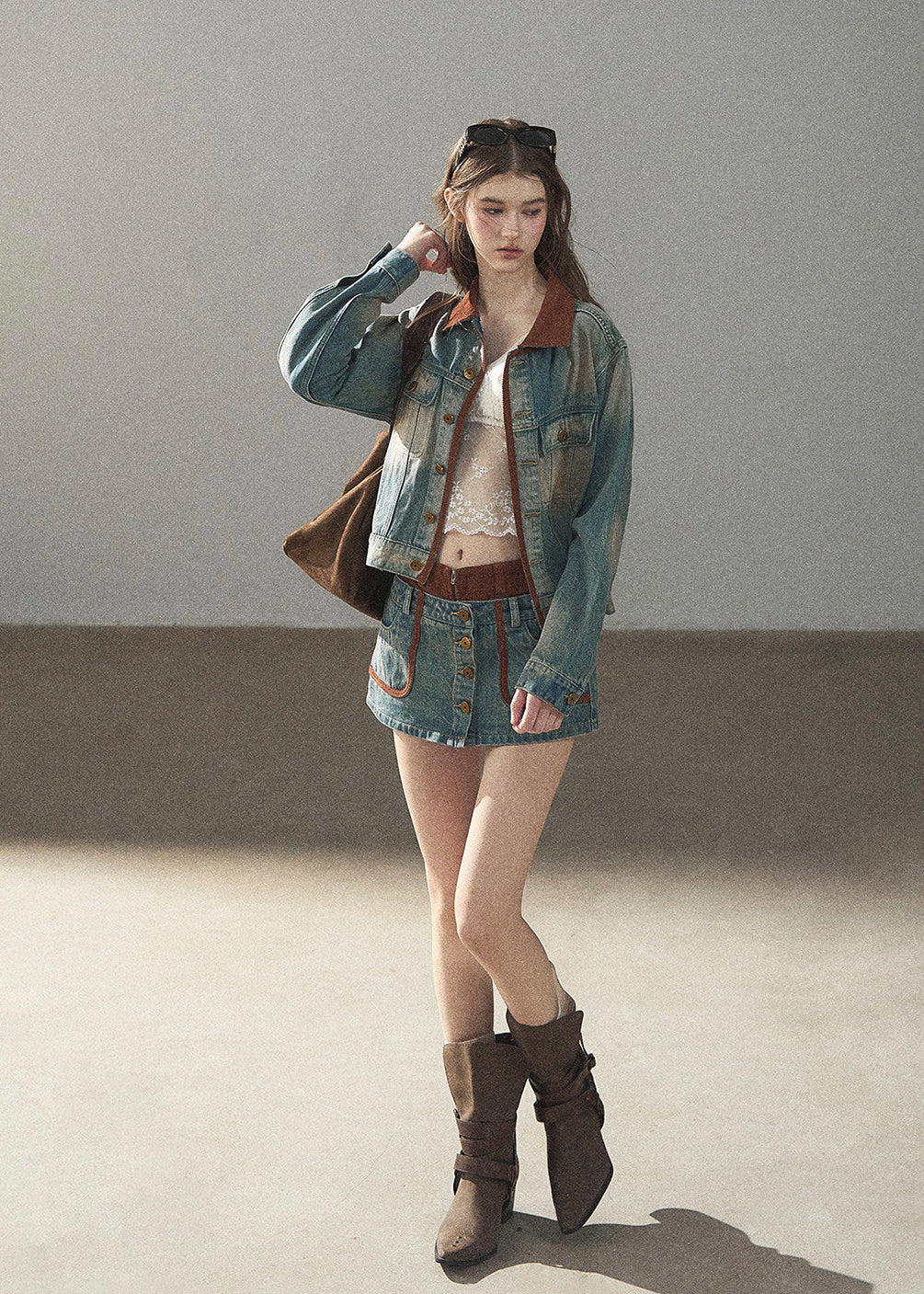 Washed denim jacket and mini skirt set