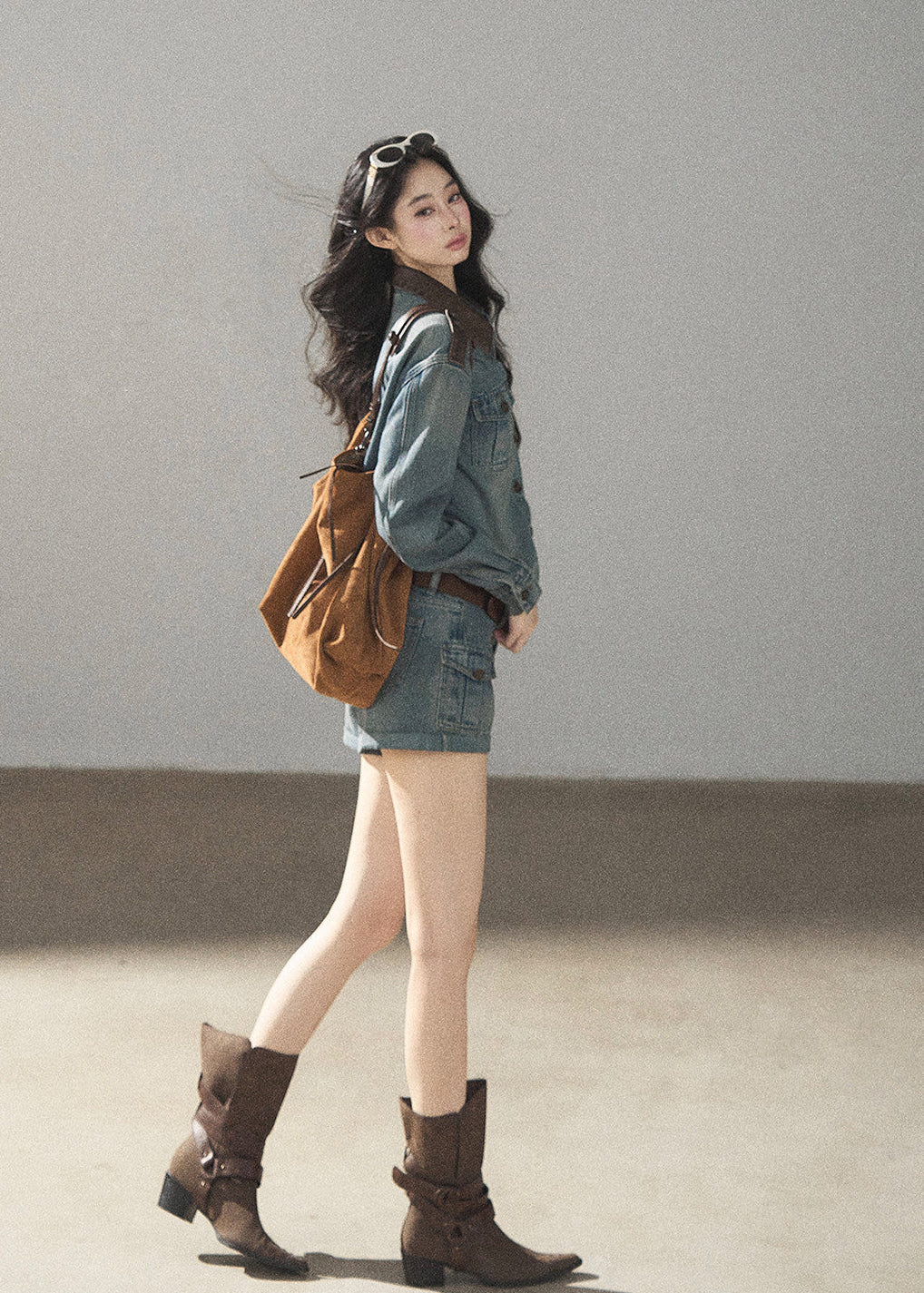 1. Autumn denim outfit with jacket and shorts