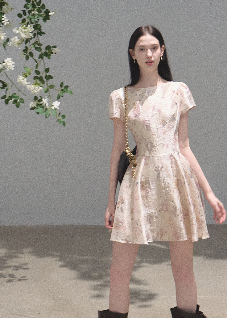 Short-sleeve lace-inspired dress with flared skirt