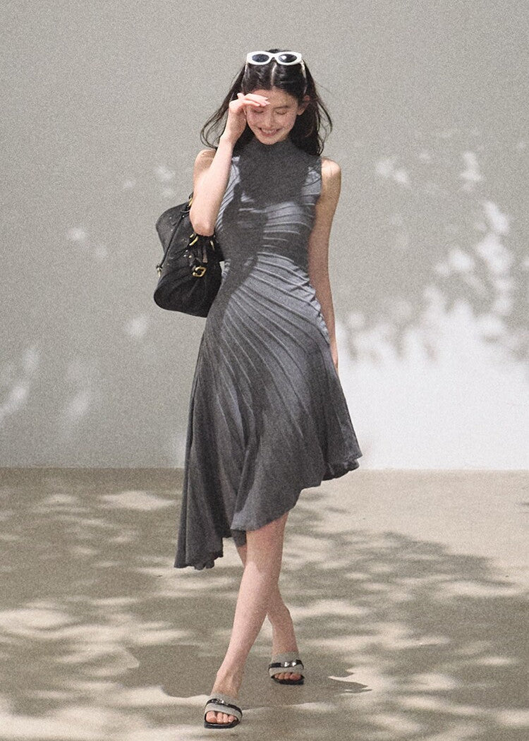 Mist grey high-neck draped dress with waist shaping