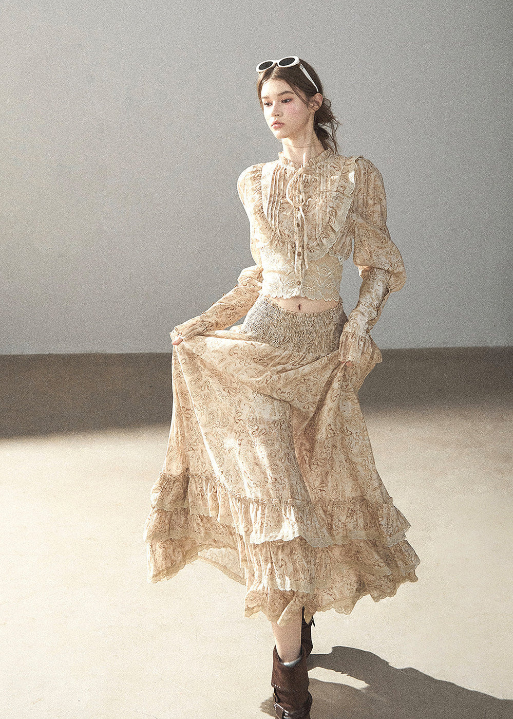 Romantic lace top and long skirt two-piece set