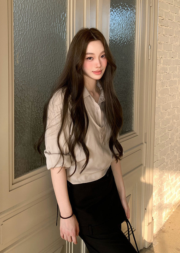 Korean-style blue button-up shirt with a coordinating draped layer