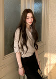 Korean-style blue button-up shirt with a coordinating draped layer