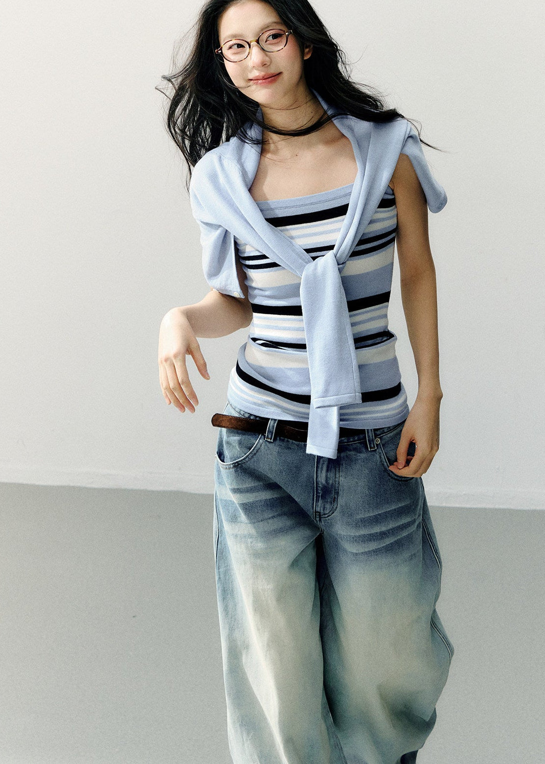 Women’s two-piece knit top set with long sleeves and stripes