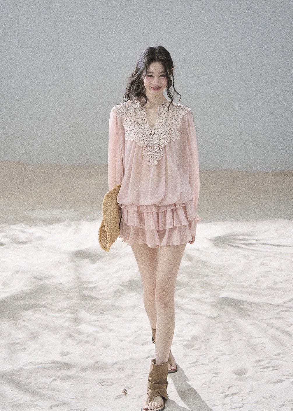 Lightweight chiffon blouse and high-waisted ruffle skirt set