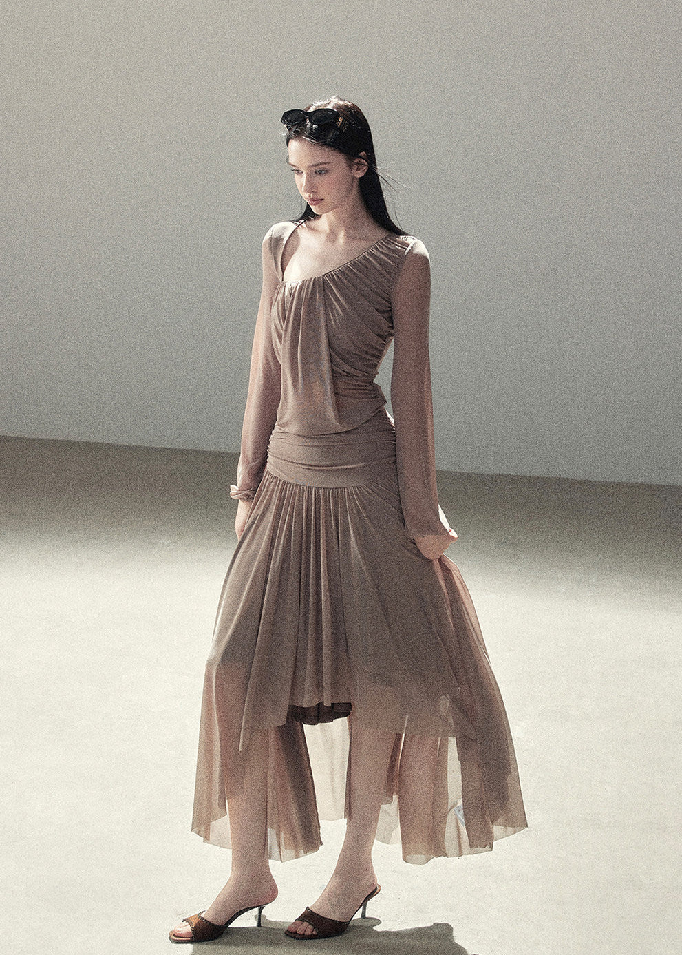 Draped taupe top and maxi skirt two-piece set