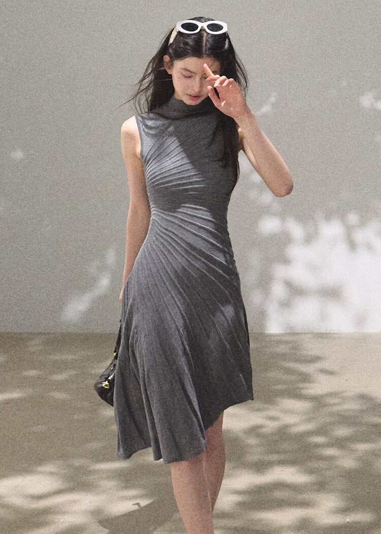 Mist grey high-neck draped dress with waist shaping