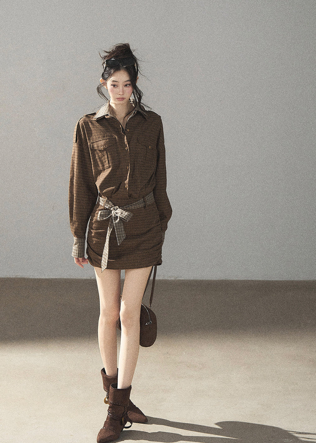 Autumn plaid dress styled with waist tie detail